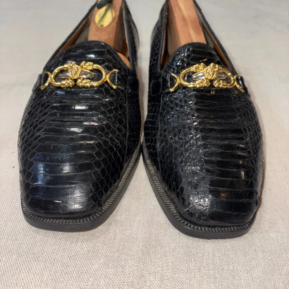 Giorgio Brutini Mens 6.5 Black Genuine Snake Skin Lion‎ Head Bit Loafers Vintage